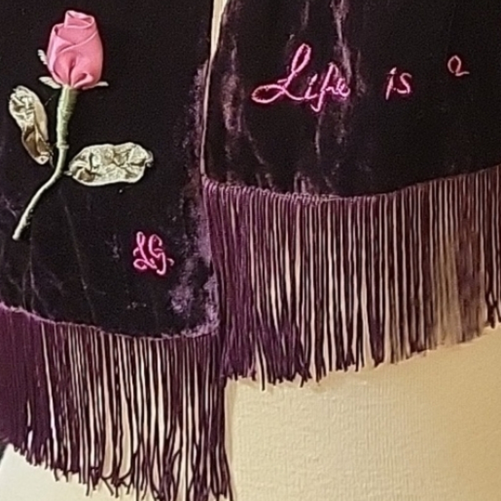 Lulu Guinness Elegant Purple Velvet Scarf with Rose Embroidery Size 60X10X3.5